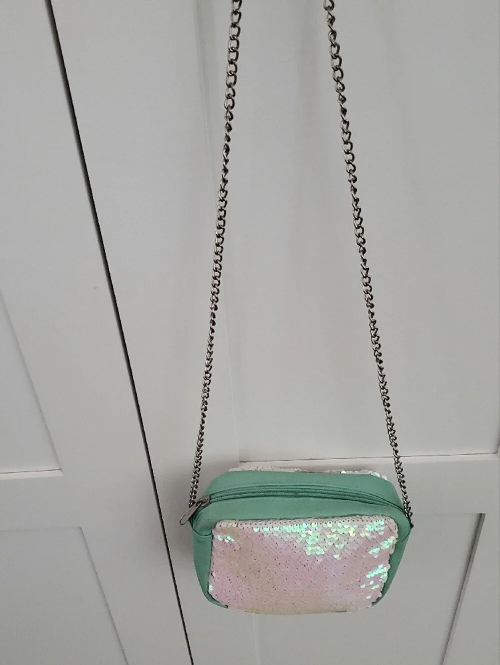 Mint Green Kids Sequin Crossbody Bag with Iridescent Pink Panel